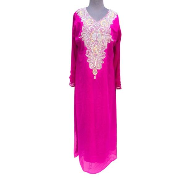 Pink Zari Embroidered Belted Beaded Glam Kaftan Maxi Dress NWT XL Romantic - Picture 4 of 6